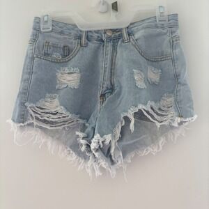 Distressed SHEIN Women's XS Shorts Ripped Frayed Hem Light Wash Blue Jean Shorts